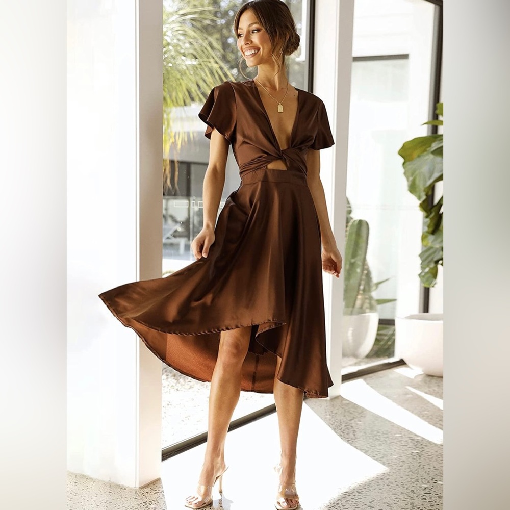 Womens Satin V Neck Ruffle Tie Front High Waist Midi A-Line Maxi Dress. Size M. - Picture 2 of 8